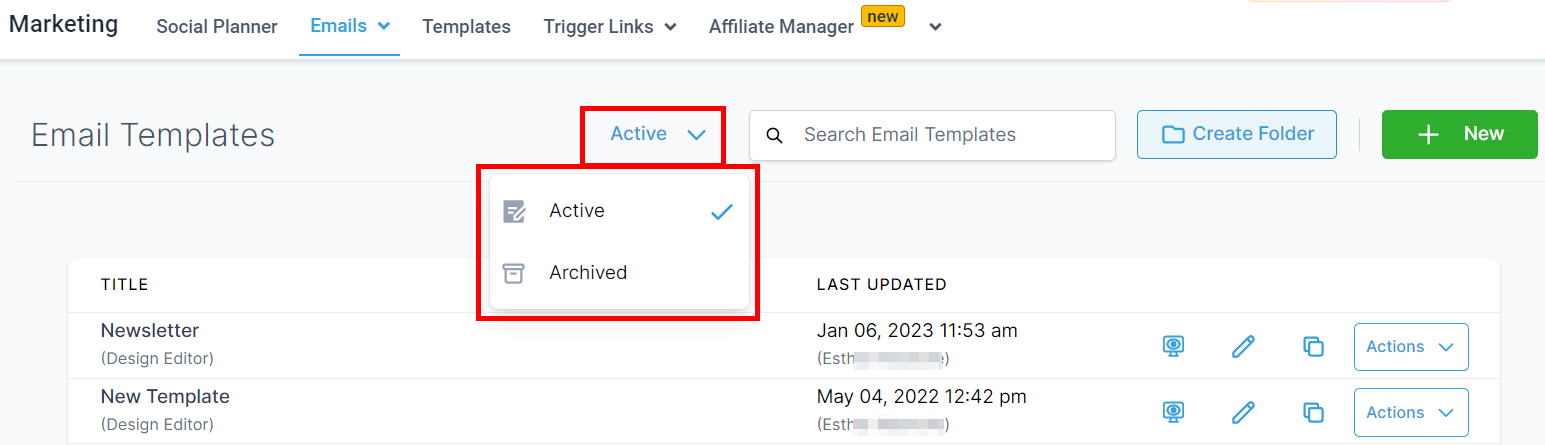 Filter by active or archive templates