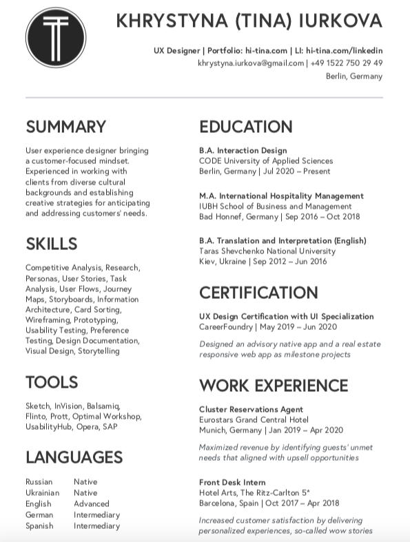 A resumé saying Tina Iurkova at the top, listing many skills.