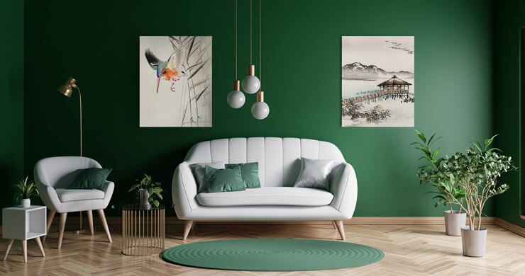 ruang tamu dengan warna hijau dan putih