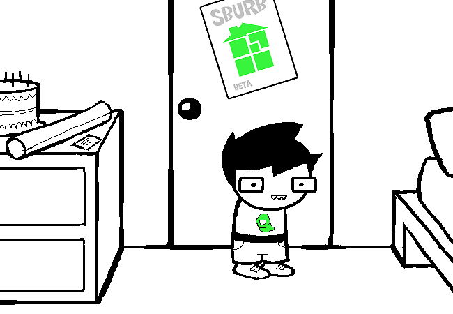 The first image from Homestuck. An MS Paint drawing of a young man, a hapless protagonist, so young and naive and full of life, stands in his room. He has dark hair and glasses. There is a poster for a game called SBURB on his door. His arms are not yet animated, which will imminently make for a whole bit. He is John Eggbert. So are you. And so is your podcast.