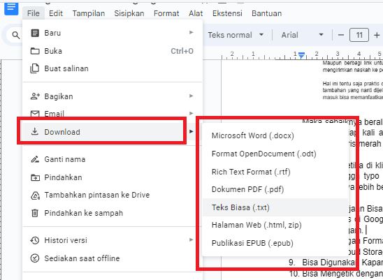 format download di google docs : Microsoft Word, PDF, RTF, TXT, ZIP, HTML, ZIP, EPUB