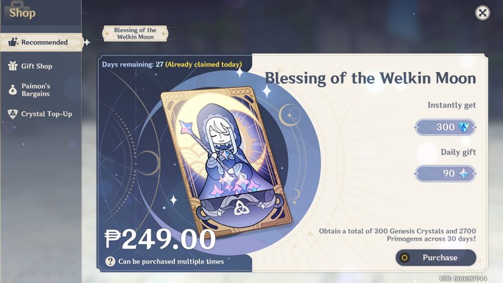 Blessing of the Welkin Moon monthly purchases in Genshin Impact