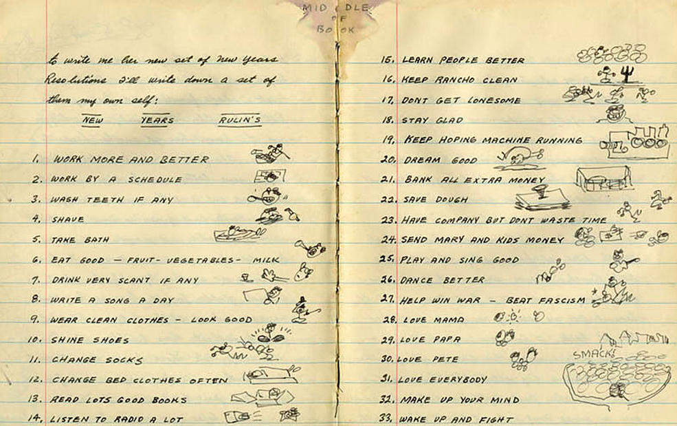 A list of Woody Guthrie's New Year's Resolutions on a lined notebook.
