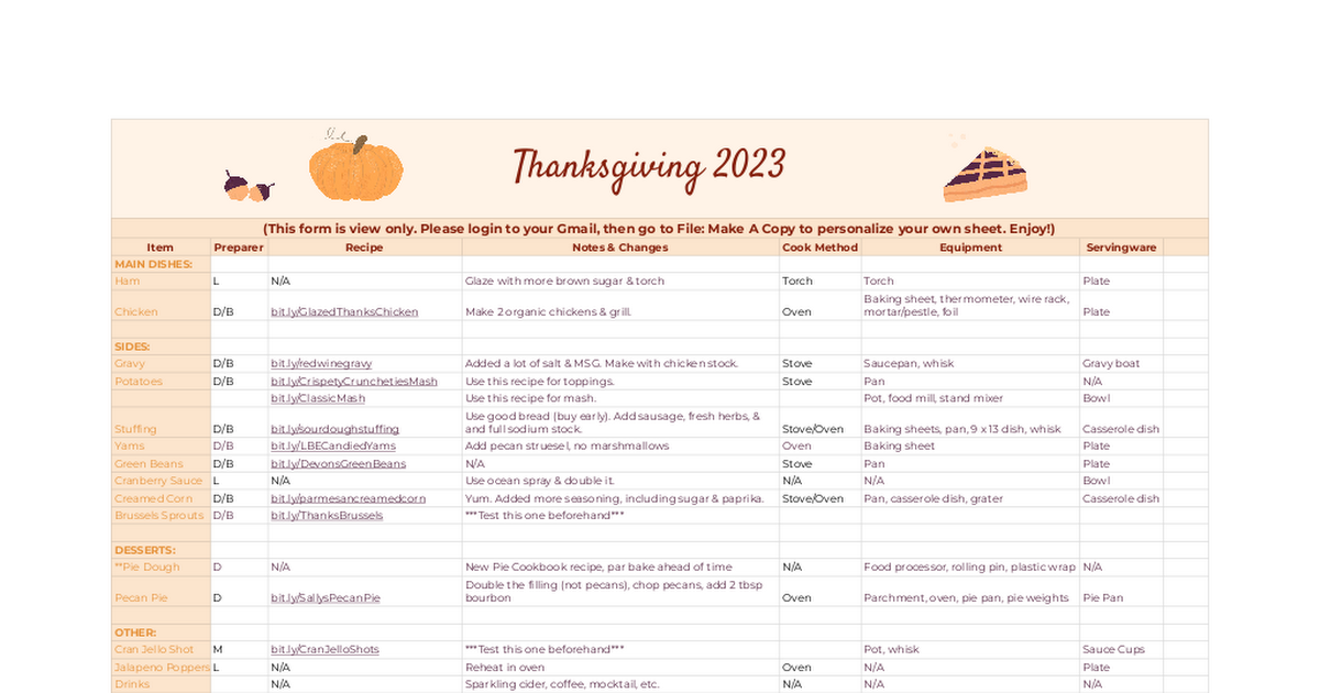 Thanksgiving Spreadsheet Template
