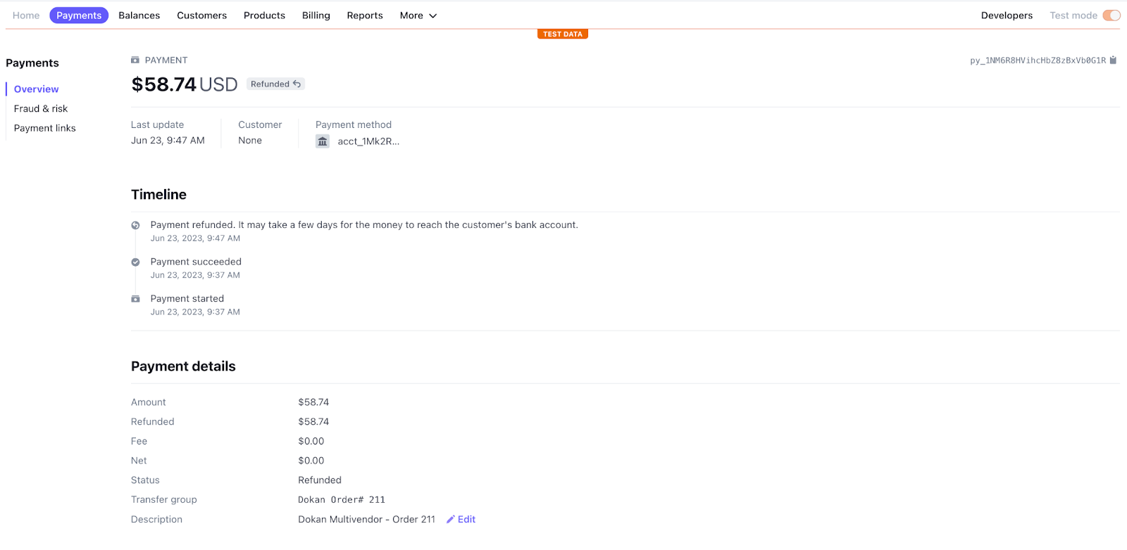 A screenshot of the Dokan Stripe Module transcations