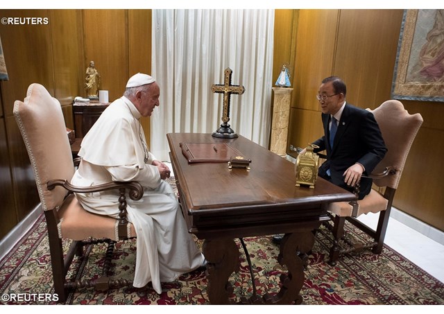 Pope Francis meets privately on Wednesday with United Nations Secretary-General Ban Ki-moon - REUTERS