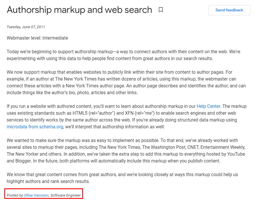 Othar Hansson's Authorship Markup and Web Search Announcement