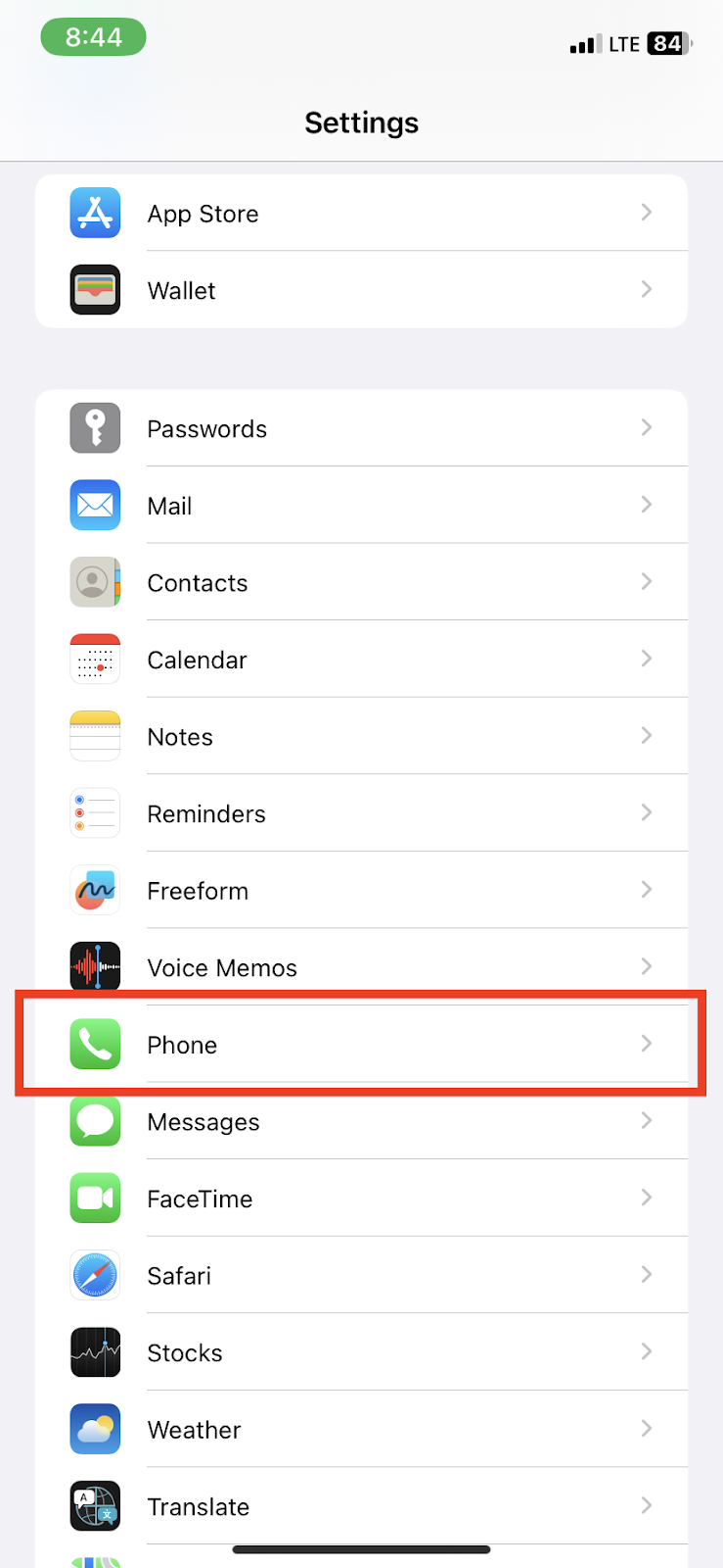 Scroll down to find the Phone settings.