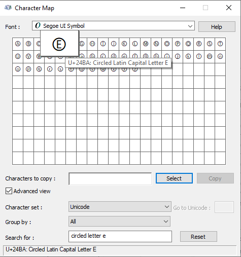 searching for Circled E symbols in character map view