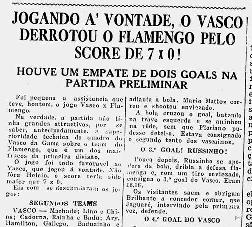 Uma das 5 maiores goleadas sofridas pelo Flamengo: Vasco 7x0.