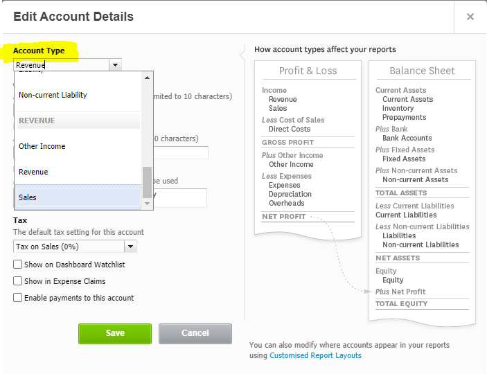 account details in a chart of account in xero