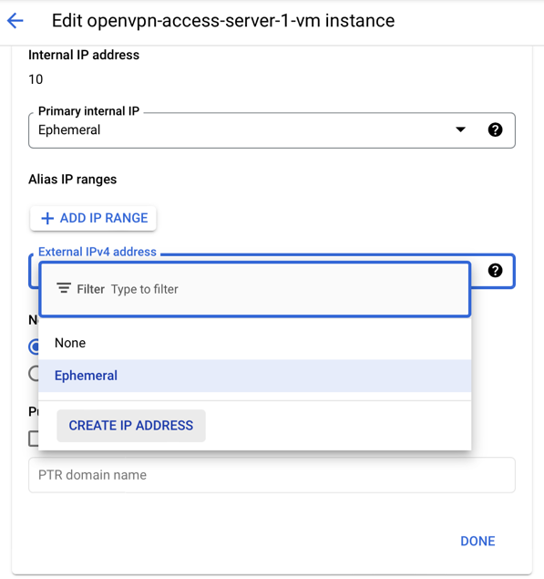 A screenshot of the Google Cloud interface showing a menu of IP address-related options.
