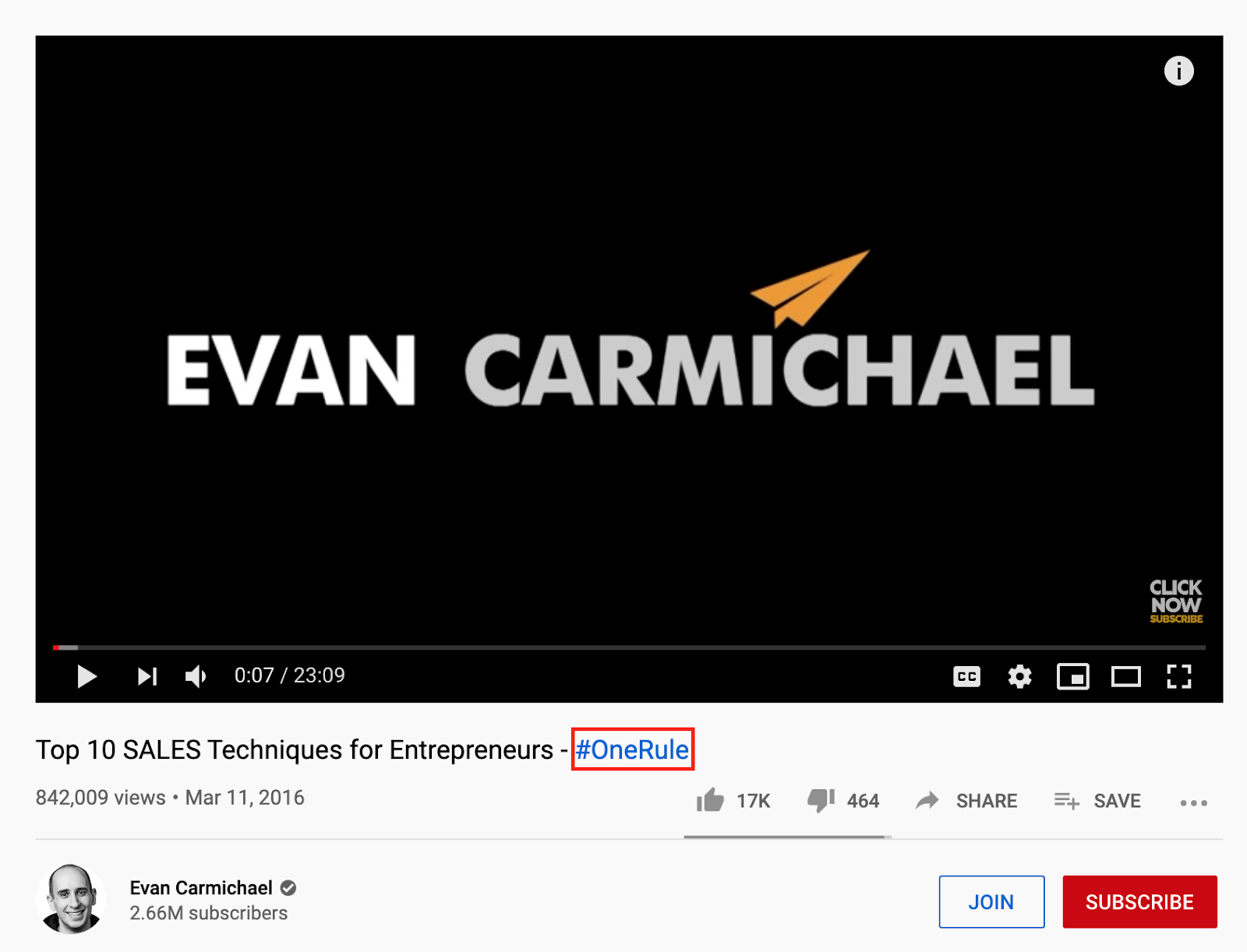 企業家Evan Carmichael為他的訂閱者創建了一個名為“#OneRule”的係列，就放在這張圖片視頻的標題中。