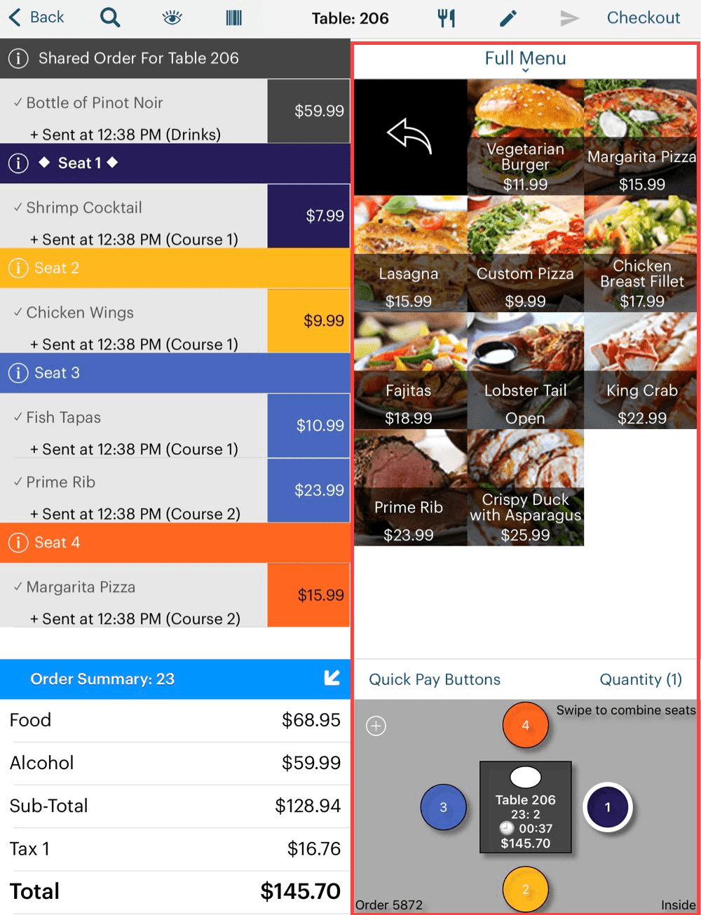TouchBistro POS user interface showing order items by seat