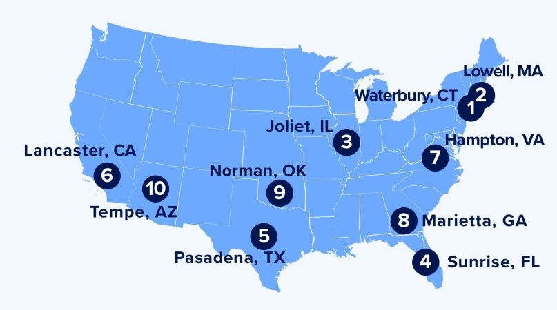 Zillow and Yelp’s map of the top 10 affordable suburbs with a city feel