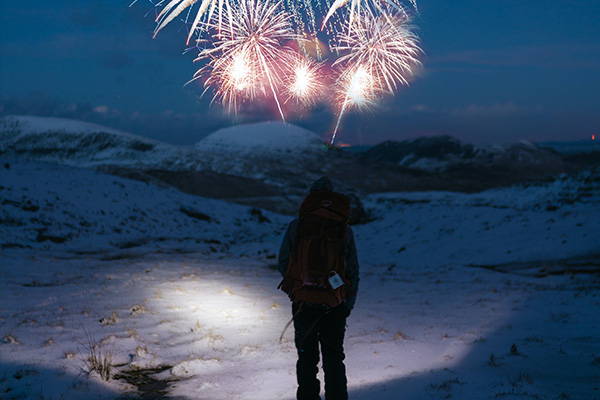 flashlight and firework in winter