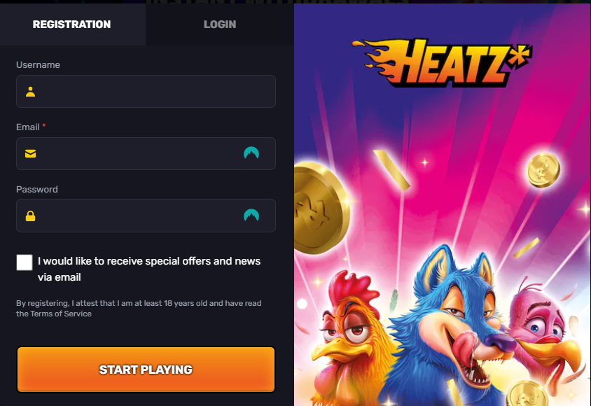 Processus d'inscription sur Heatz Casino