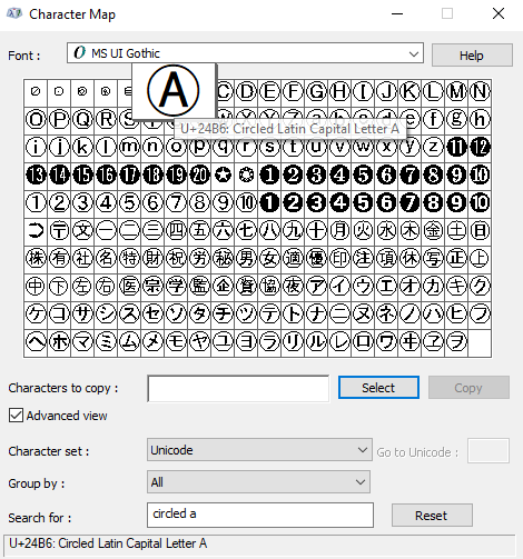 searching for circled a Symbols text in character map view