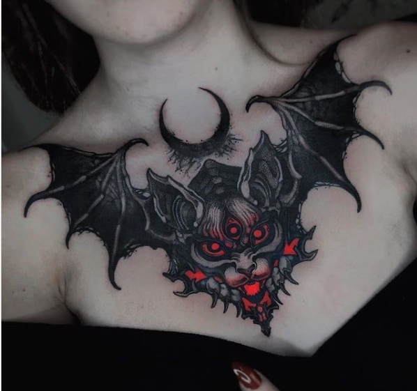 Bat & Moon Chest Tattoo For Women