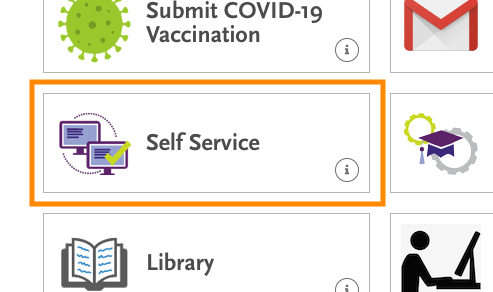 Screen Cap of Quick Links showing self-service icon. Two computer screens with a green checkmark.