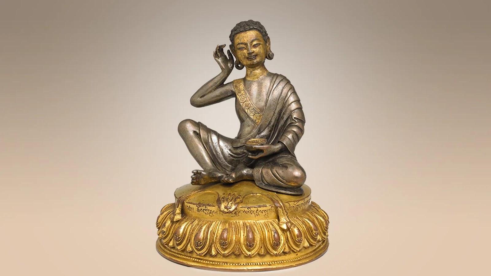 The Nyingjei Lam parcel-gilt silver and gilt-copper figure of Milarepa, Tibet, 15th century