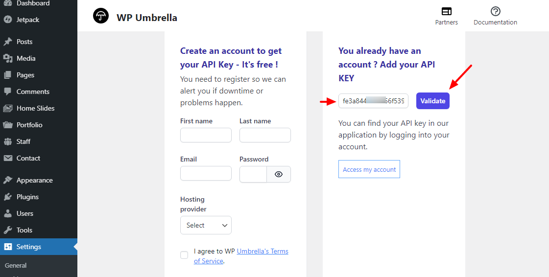 validar a chave de API do guarda-chuva wp