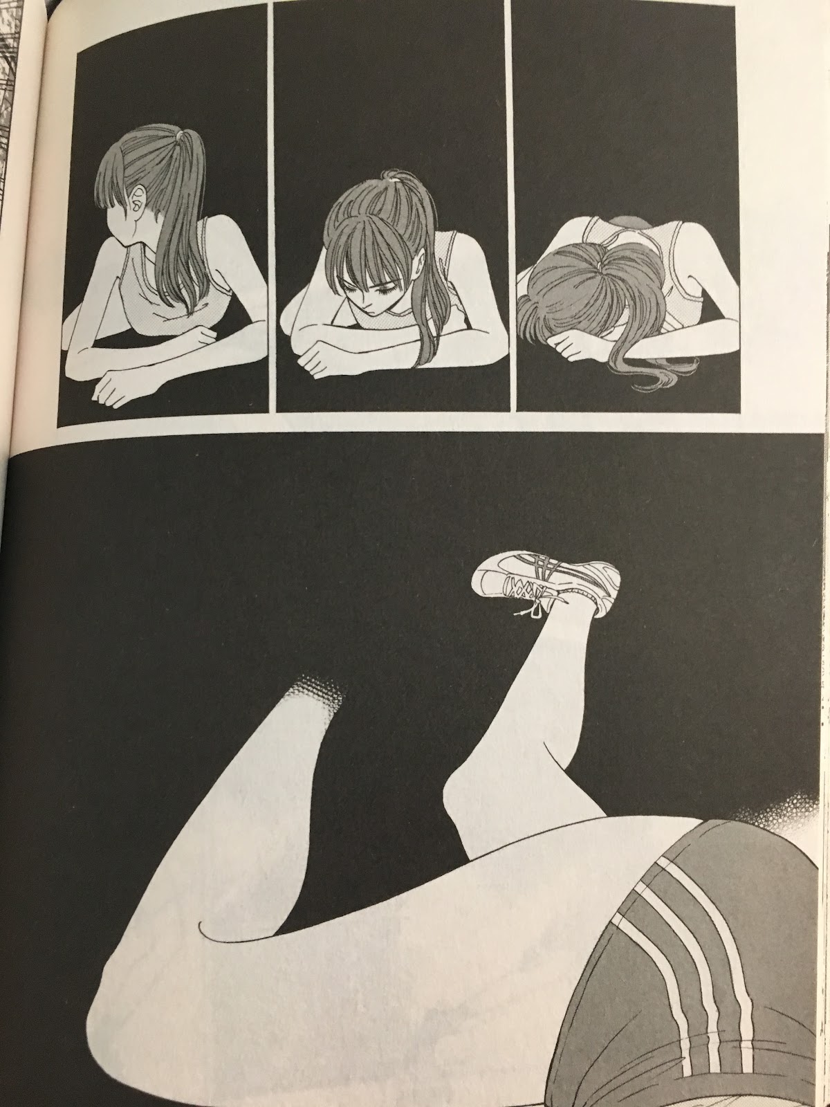 Panels of Akira lying on the ground in darkness. She looks back at her right ankle is enveloped in darkness.