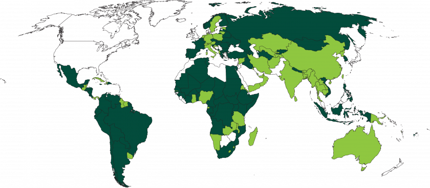 dark green: Countries with a Constitutional Right to a Healthy Environment. Light green: Countries with constitutional provisions for a healthy environment