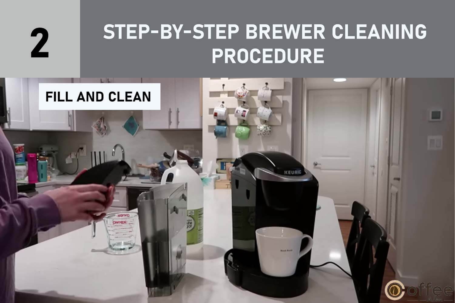 This illustrative image encapsulates the process of 'FILL AND CLEAN' perfectly, aligning with the comprehensive steps outlined in the 'Step-by-Step Brewer Cleaning Procedure' section of the article 'How to Use Keurig B-40'. The image effectively conveys the meticulous care required to ensure your Keurig B-40 operates optimally, demonstrating the crucial steps for maintaining a pristine brewer and enhancing your overall brewing experience.