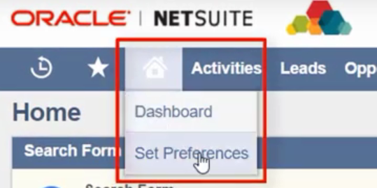 Clicking on the "set preferences" dropdown from the home dashboard. 