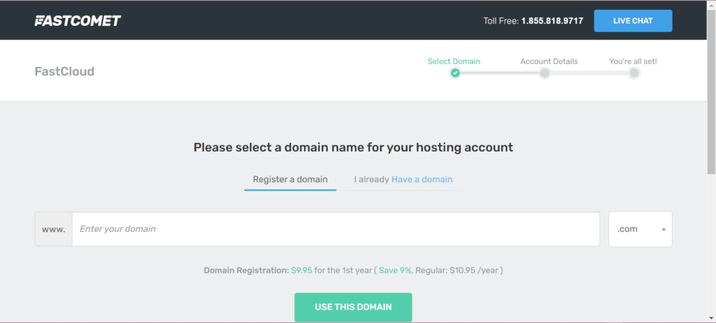 Screenshot of FastComet domain registration page