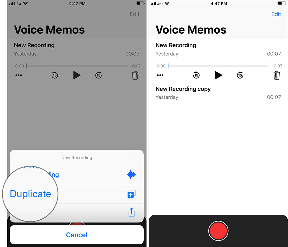   Press Duplicate to create duplicate voice memos in iOS 12 on iPhone 