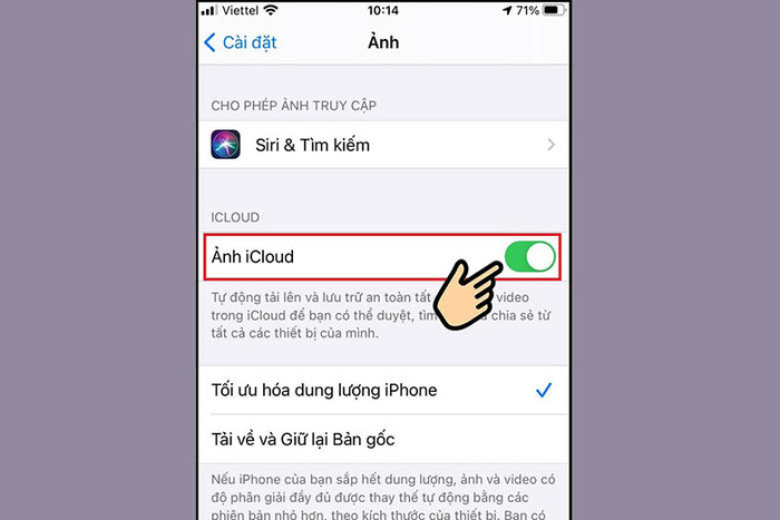 Bật lưu ảnh iCloud và chọn Tối ưu hóa dung lượng iPhone để hạn chế chiếm dụng bộ nhớ iPhone