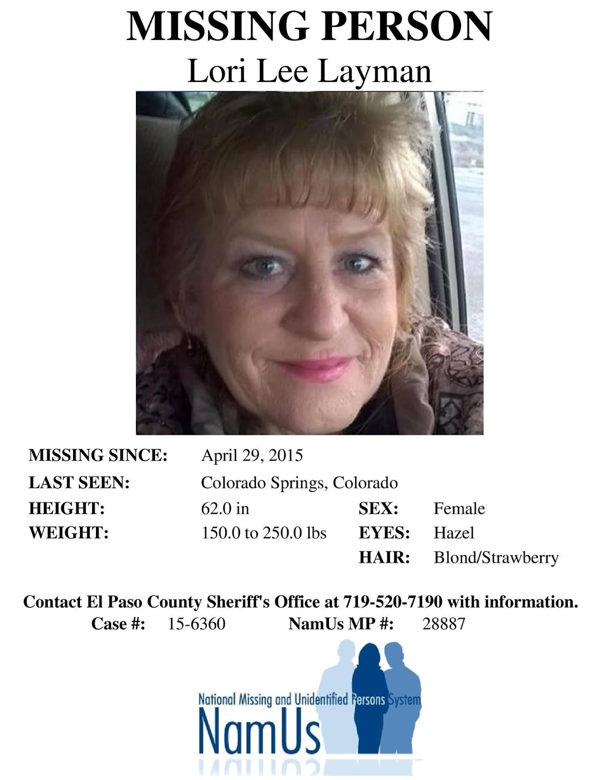 Missing person flyer from National Missing and Unidentified Person System, NamUs of Lori Lee Layman.