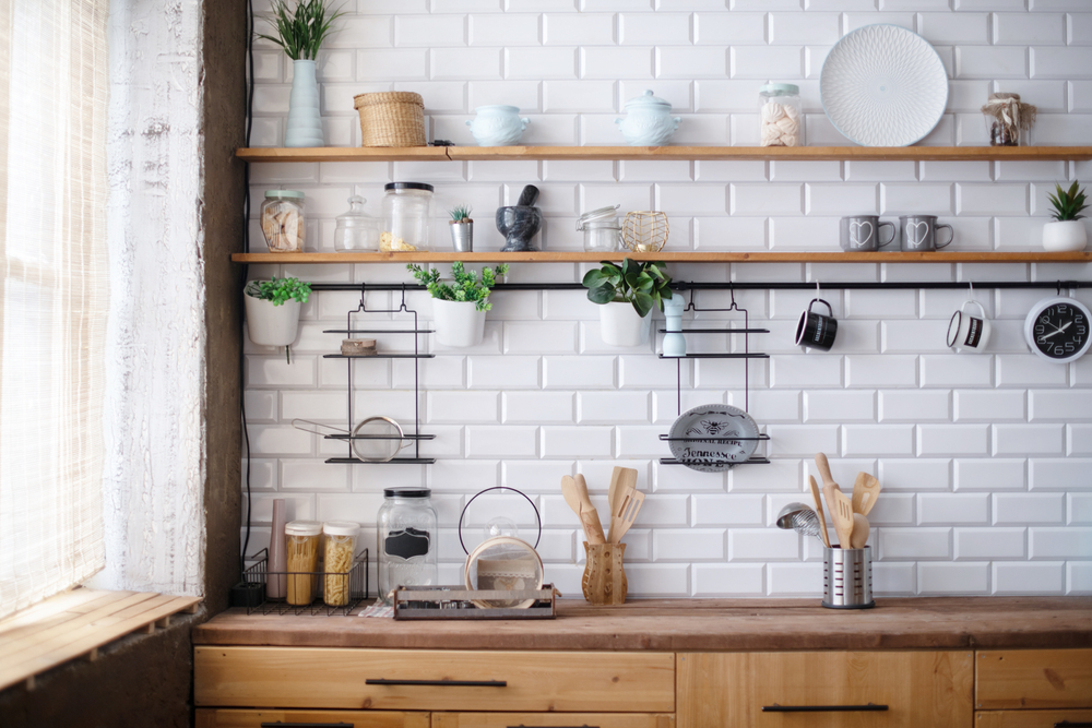Kitchen shelf and countertop storage containers.