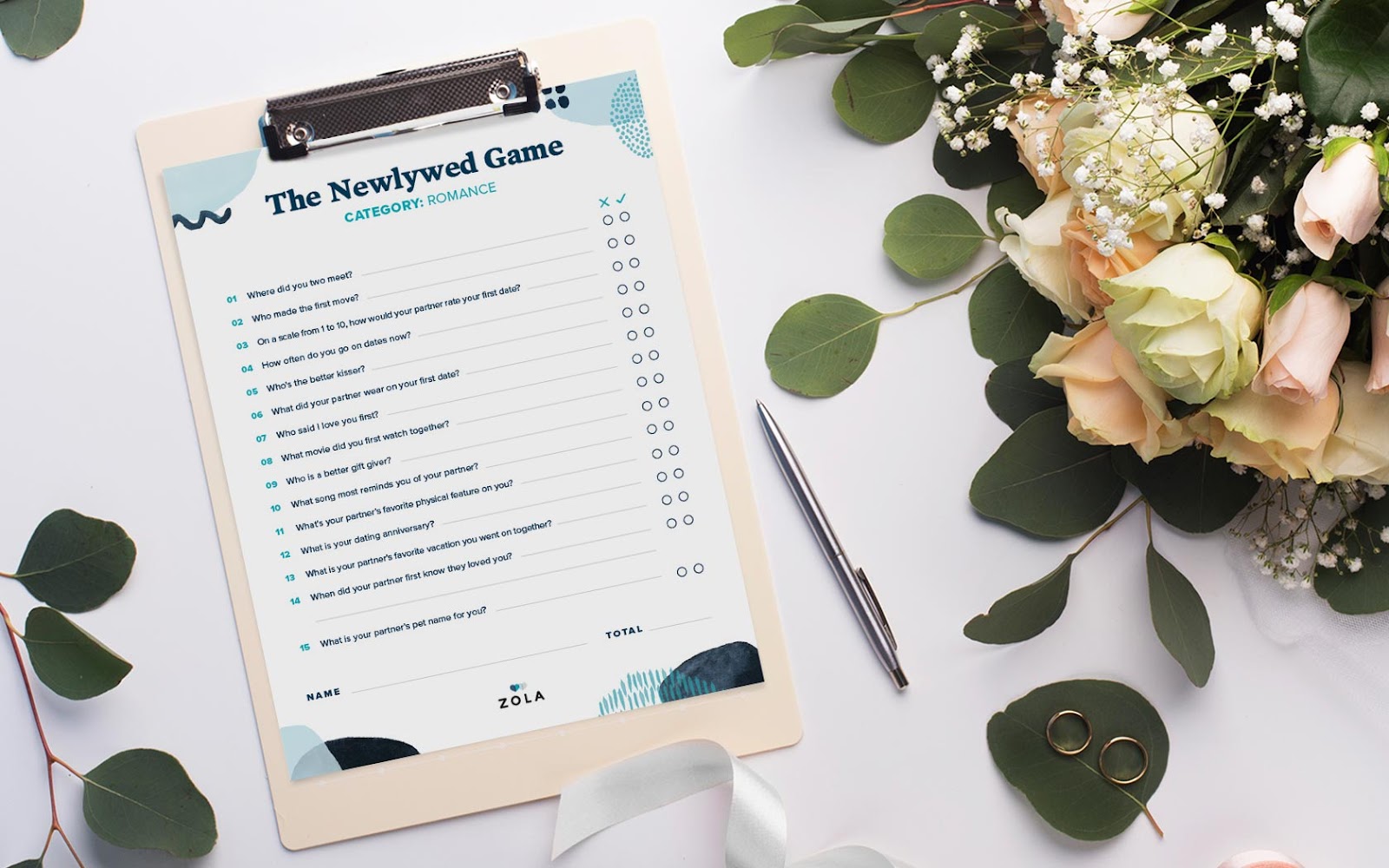 Clipboard displaying newlywed game questions