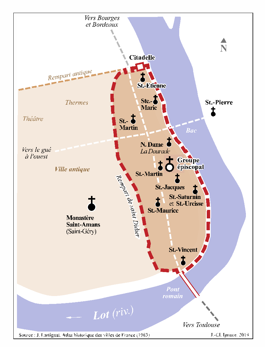 Carte : Cahors au 7e siècle. Emplacement des églises fondées par Didier