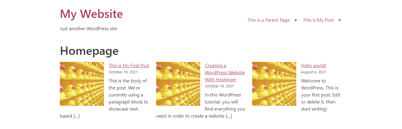 Exemplo de posts mais recentes na página inicial de um site teste do WordPress