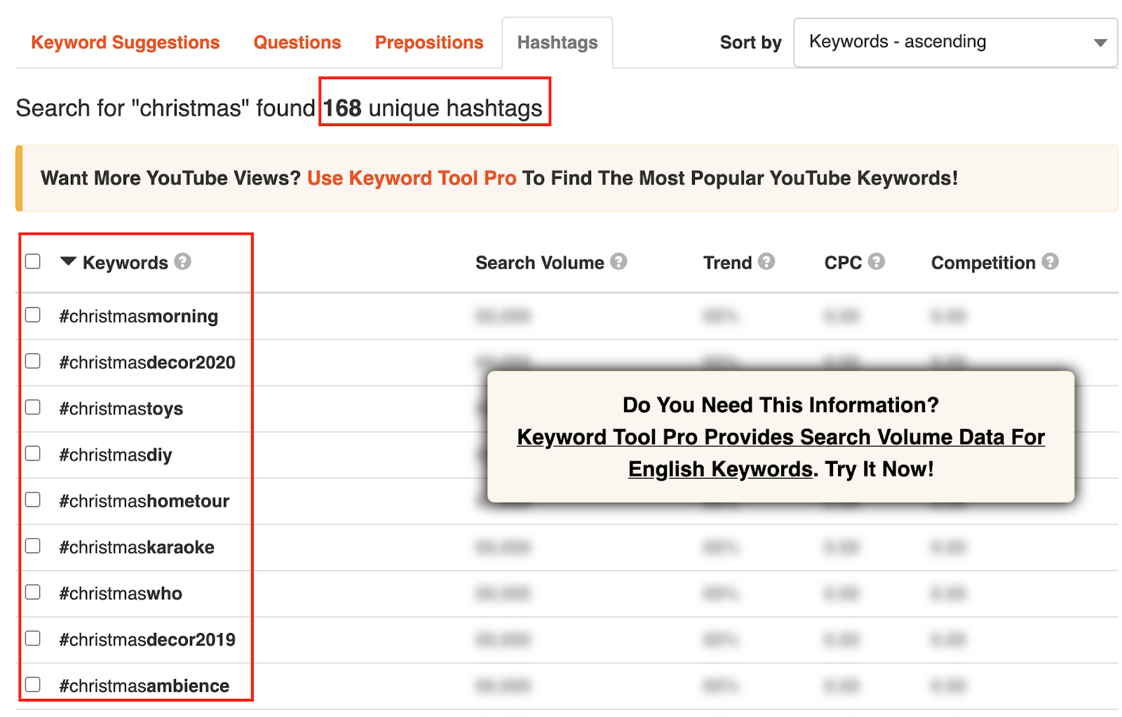 對於關鍵字“聖誕節”，該工具從YouTube自動完成返回168個獨特的話題標簽。不過，有關他們的搜索量、競爭情況等數據隻能在該工具的付費版本中獲得。