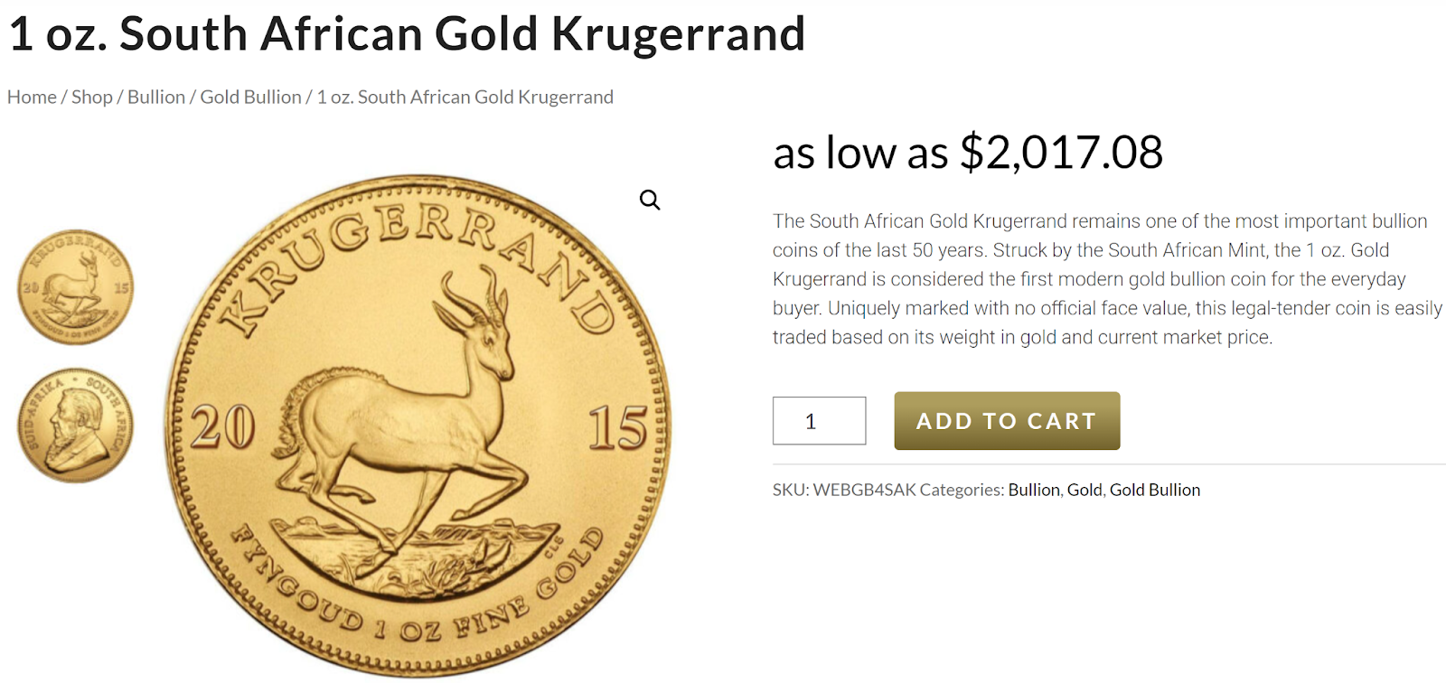 South African Krugerrand at U.S. Money Reserve