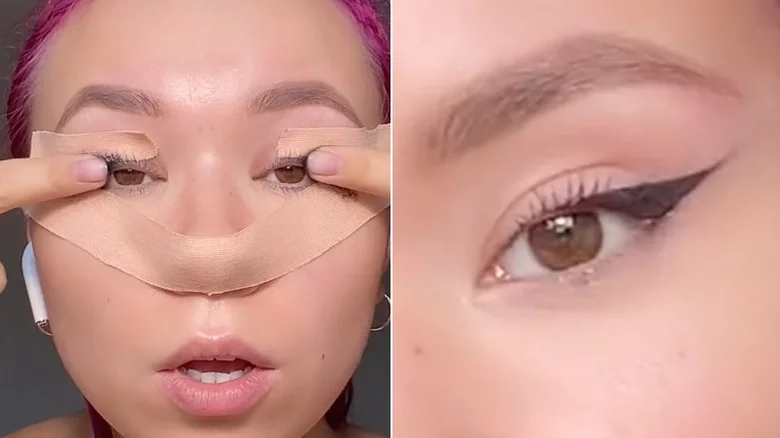 Beauty vlogger Kat Longoria using tape to create a stencil for cat eyeliner