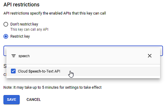 Set Cloud Speech-to-Text API restrictions in Google Cloud > APIs & Services.