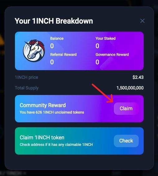 Showing how to claim the 1INCH Token Airdrop