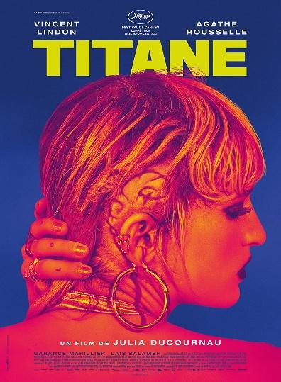 A movie poster. There is woman from the back looking at her right side, the colour of the woman is red. Above the woman there is a title that says: "Titane".