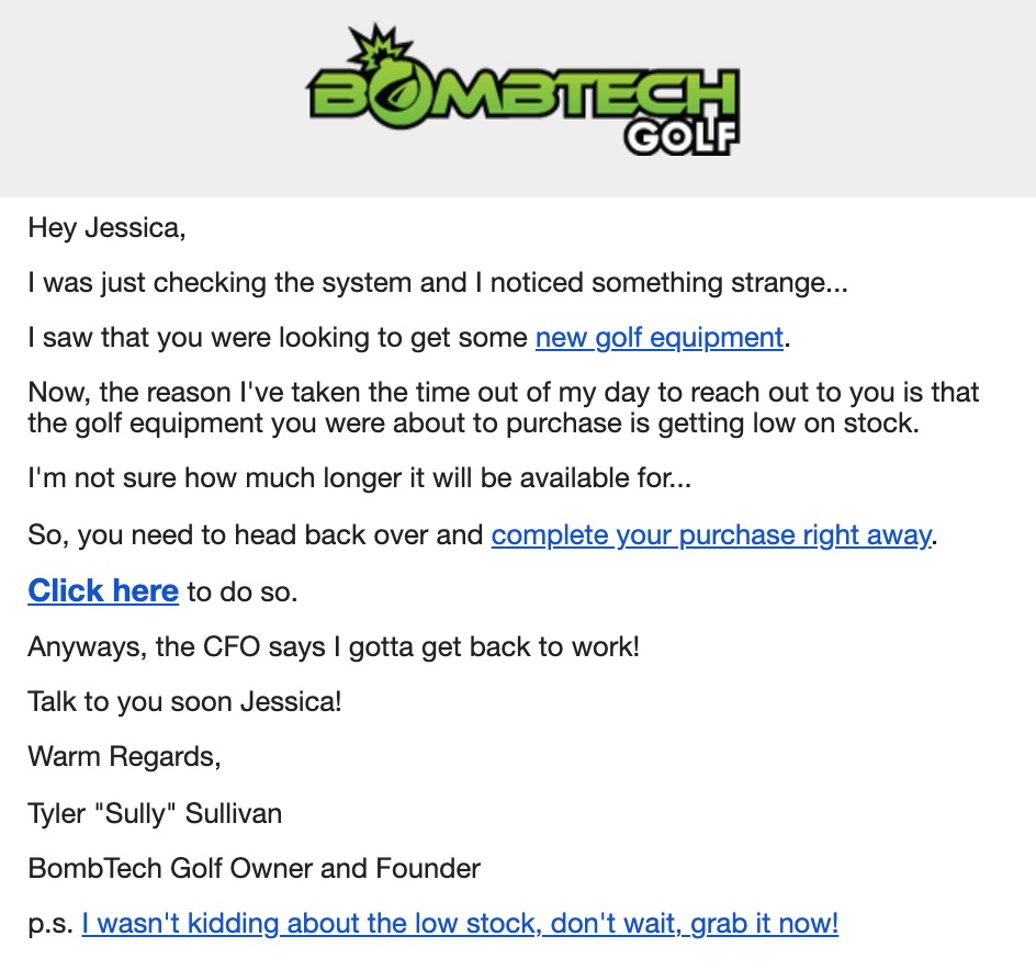 BombTech Golf abandoned cart email example