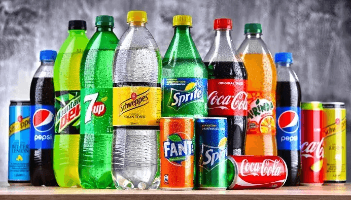 Soda drink bottles. Soft drinks in plastic bottle, sparkling