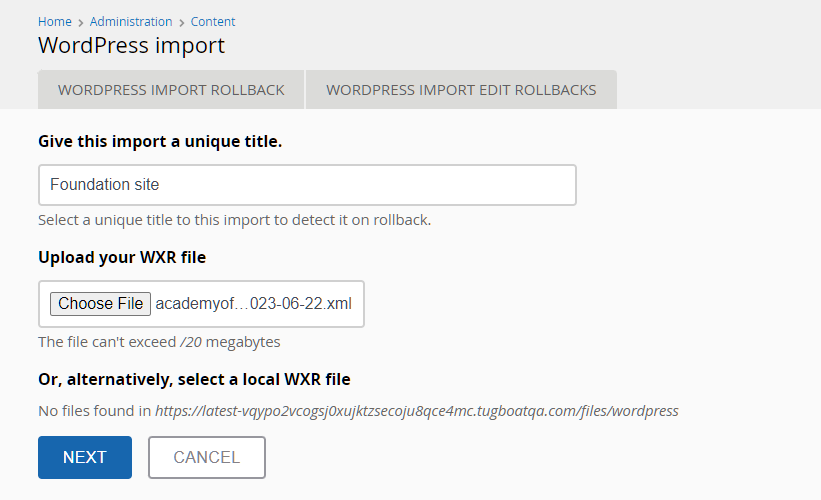 WordPress Import UI