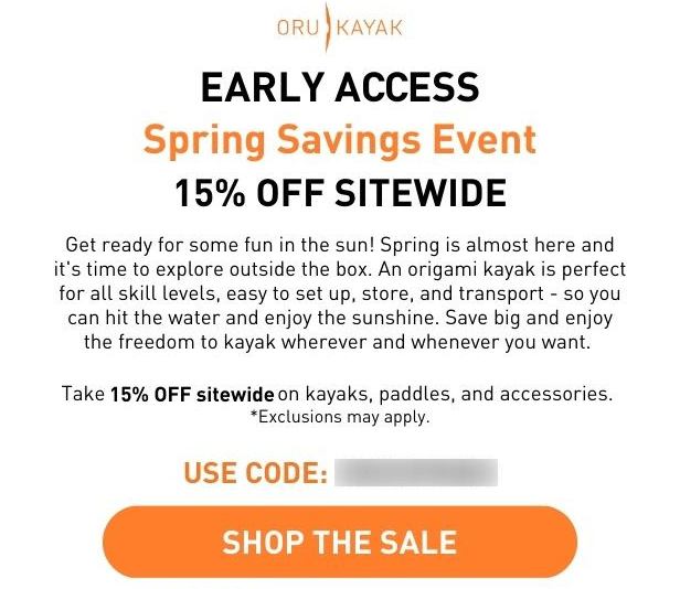 Screenshot of Oru Kayak's email sharing exclusive offers and freebies, such as early access to sales.