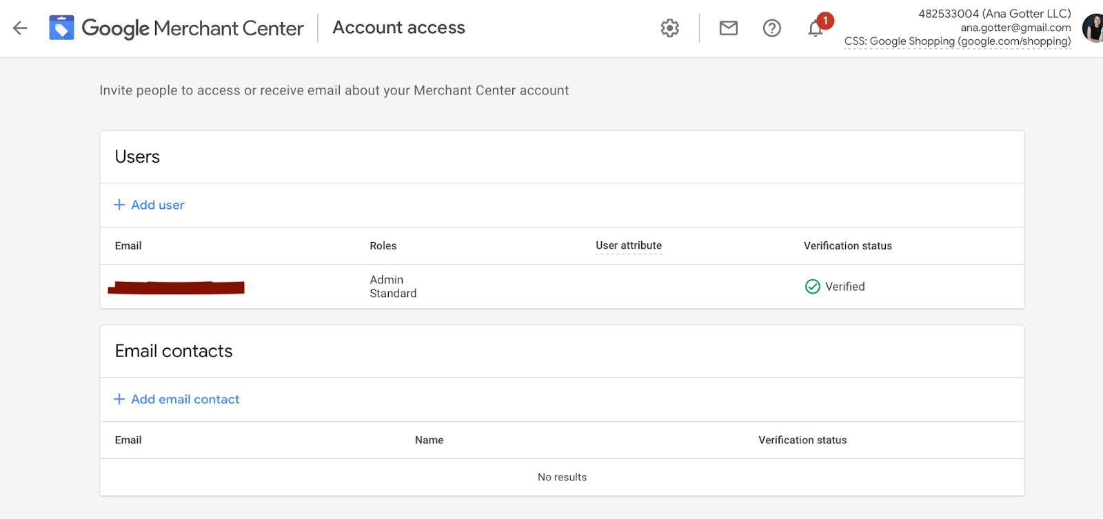 Google Merchant Center account set up for user roles 