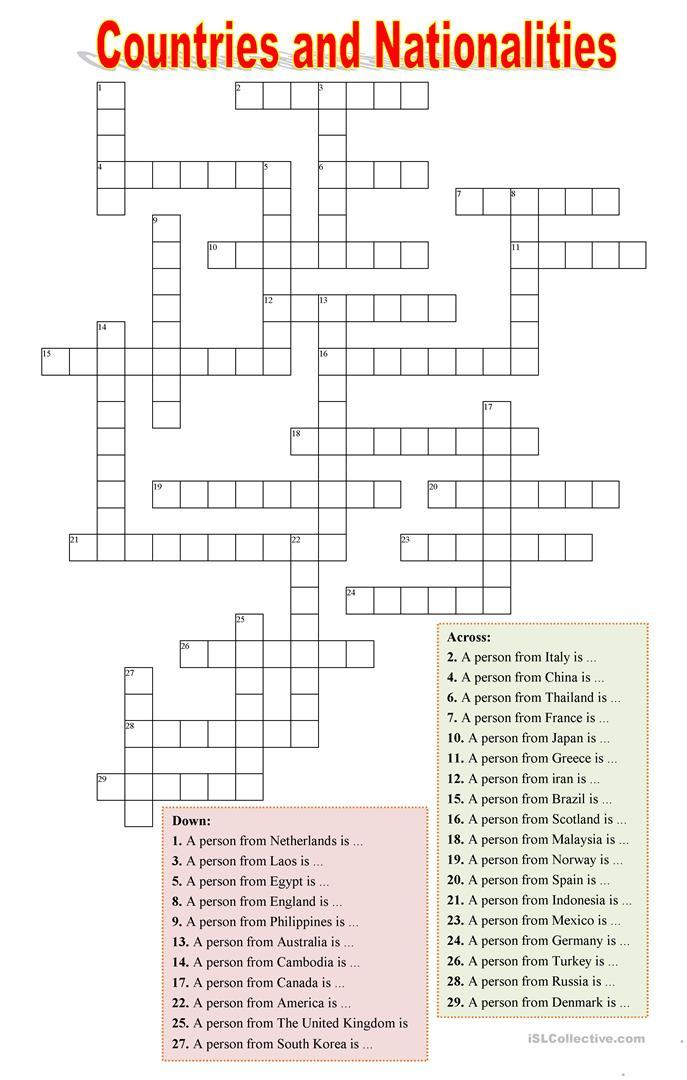 Resultado de imagen de activities countries and nationalities crossword